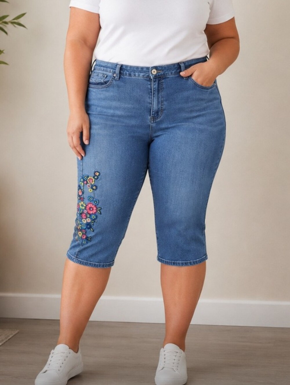 Penningtons Blue Denim Embroidered Floral Capri Crop Jeans Plus Size 16
